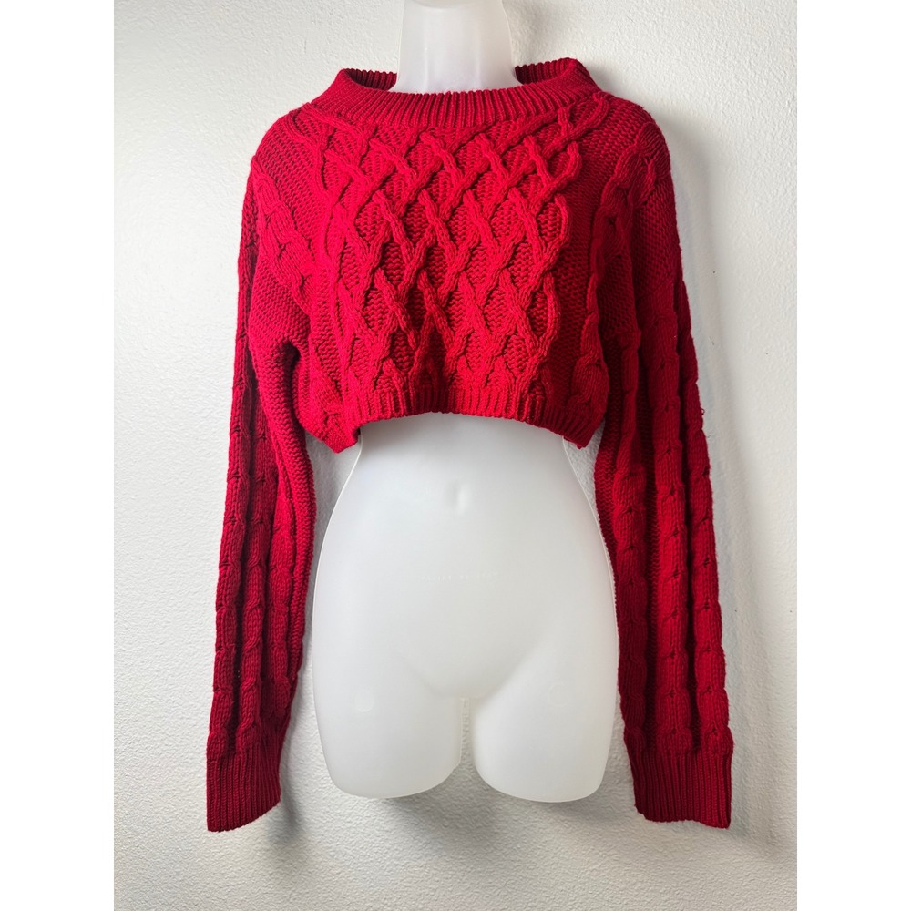 Nasty Gal Collection Red Cable Knit Cropped Sweater Womens Small Chunky Pullover